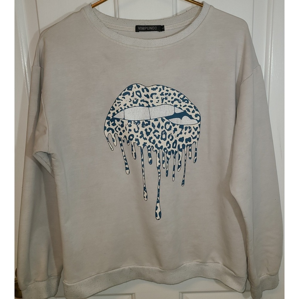 Off White Women's White Sweatshirt with Melting Lips Snow Leopard Print Sz Lg